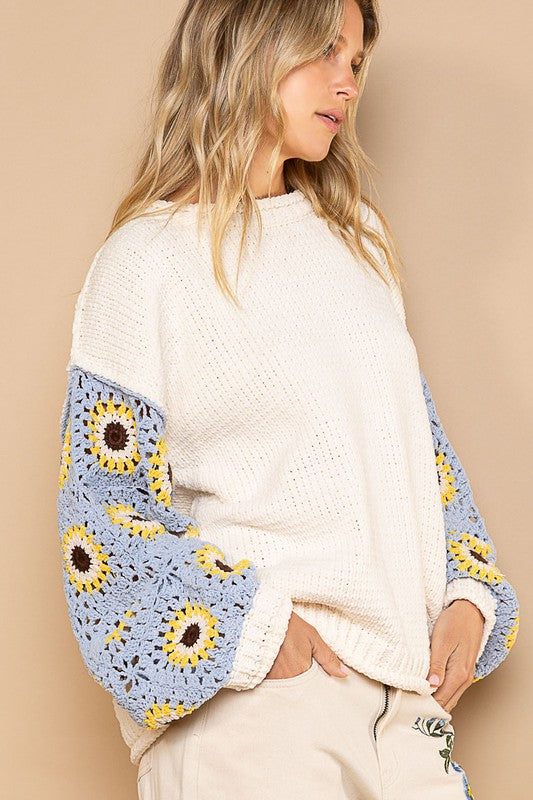 Jenna Contrast Square Pattern Sleeves Pullover Sweater
